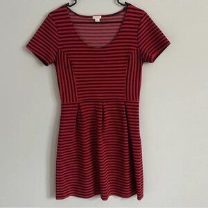 J. Crew Factory Red and Navy Blue Striped Short Sleeve Skater Dress